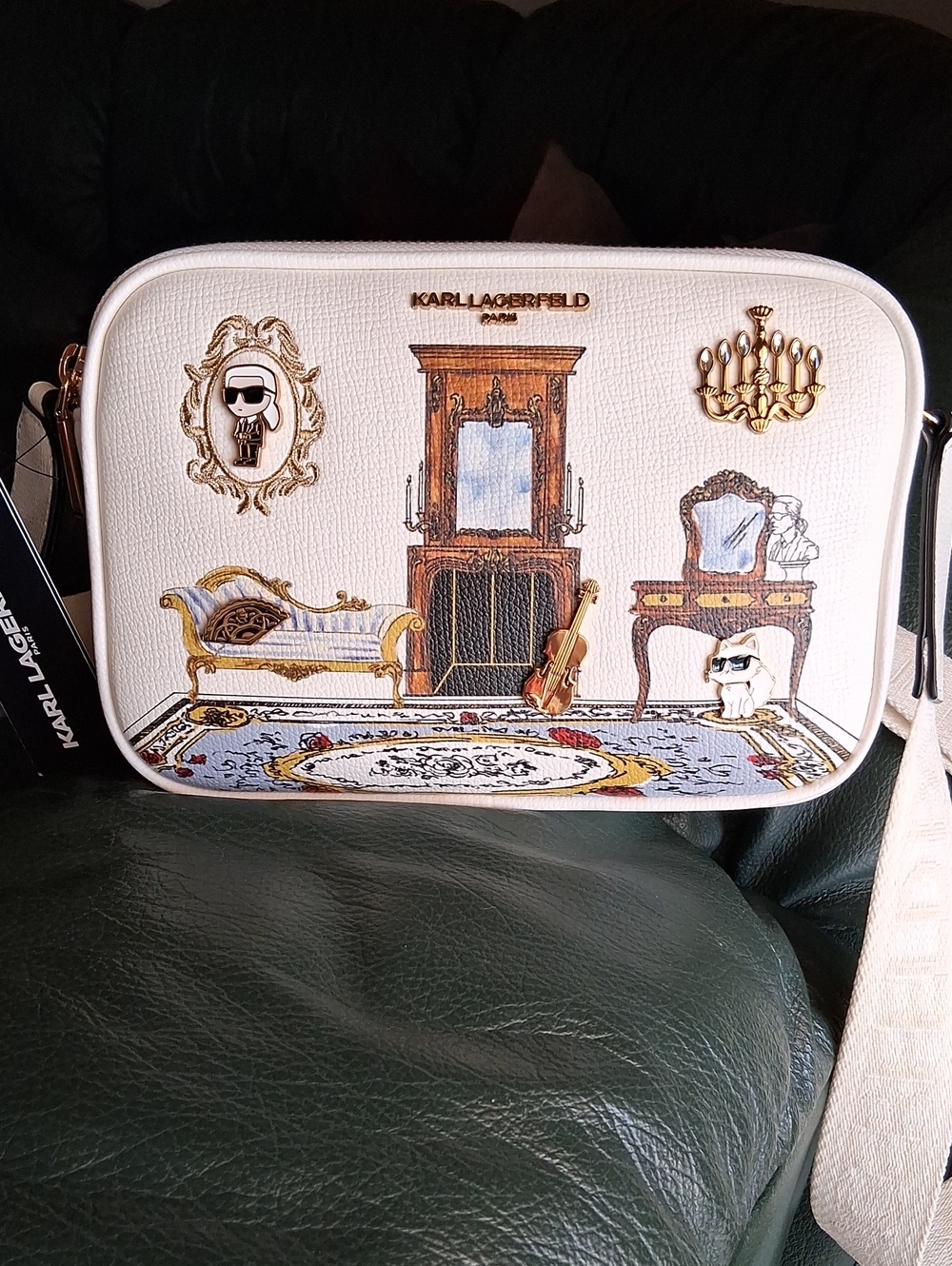 Karl Lagerfeld White Illustrated Room-Scene Crossbody Bag. NWT.